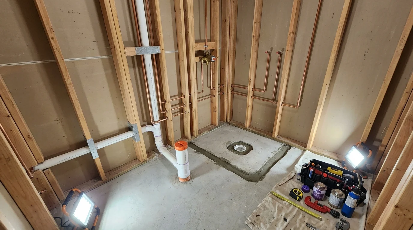 Bathroom rough-in plumbing during remodel by Johns Plumbing LLC in Sturgis
